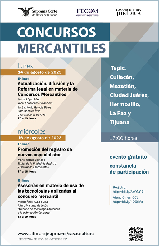Cartel Conferencias sobre Concursos Mercantiles del mes de agosto