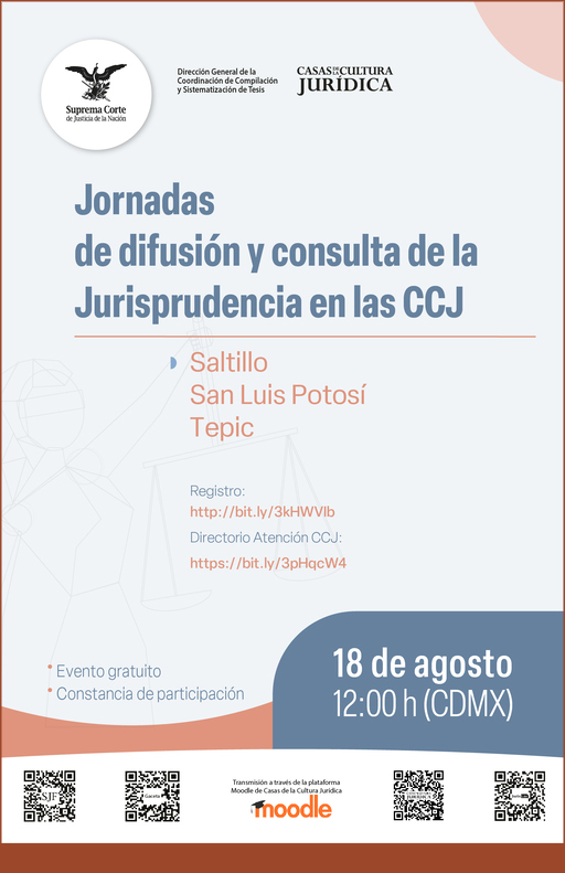 Enlace al cartel de Jornadas de Difusión y Consulta de la Jurisprudencia en las CCJ - Durango, Querétaro y Toluca