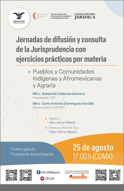 Enlace al cartel de Jornadas de Difusión y Consulta de la Jurisprudencia con ejercicios prácticos por materia  - Pueblos y Comunidades Indígenas y Afromexicanas y Agraria