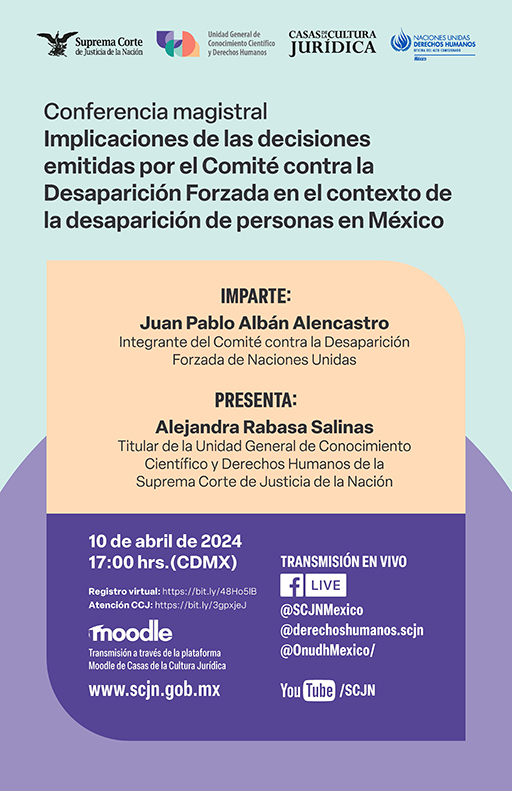 Cartel de la Conferencia magistral Implicaciones de las decisiones emitidas por el Comité contra la Desaparición Forzada en el contexto de la desaparición forzada de personas en México